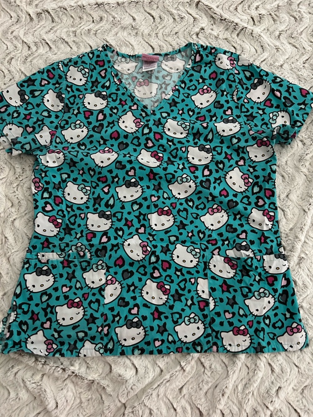 Hello Kitty Teal Short Sleeve Scrub Top with Pink Accents